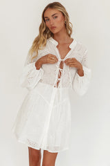 Flossy Eyelet Overlay Tie Mini Dress White