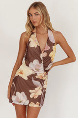 Joa Halterneck Mini Dress Floral Brown