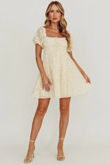 Dandelions Puff Sleeves A-Line Mini Dress Cream
