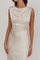 Jinora Cowl Neck Leg Slit Satin Maxi Dress