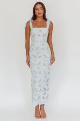 Coastal Bloom Tied Shoulder Maxi Dress Embroidered Baby Blue