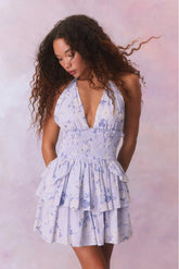 Deanna Fragrance Print Halter Mini Dress-WHISPER BLUE