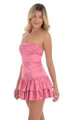 Satin Strapless Ruffle Dress in Pink