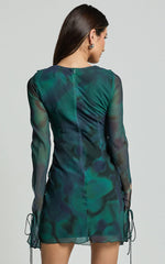 Alesya Mini Dress Ruffle Plunge Neck Long Sleeve Tie Detail Dress in Moss Adeana