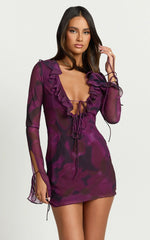 Alesya Mini Dress Ruffle Plunge Neck Long Sleeve Tie Detail Dress in Royal Adeana