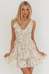 Corella Tied Bust Layered Hem Mini Dress Floral Butter