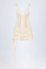 Lace-Up Ruffled Tiered Mini Dress in Ivory