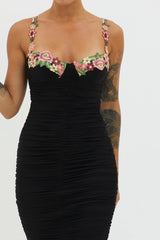 Rose Garden Ruched Mesh Midi Dress Black