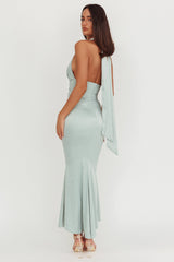 Italia Azure Pleat Bodice Halterneck Maxi Dress Sage