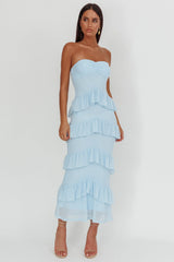 Dulce Dreams Sweetheart Neckline Frill Maxi Dress Blue
