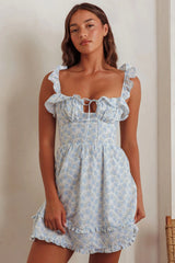 Doe Tied Bust Frill Mini Dress Floral Blue