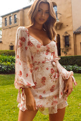 Make Memories Balloon Sleeve Molded Bust Dress Vintage Floral Beige