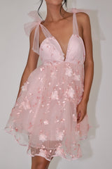 Spring Bloom Tied Shoulder Embellished Mini Dress Pink