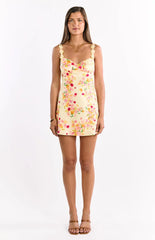 Marbelle Yellow Bloom Satin Mini Dress