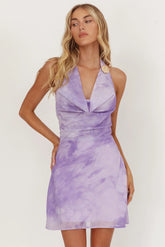 Calm Seas Cowl Halterneck Mini Dress Marbled Lilac