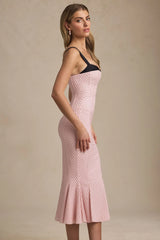 Layered Bra-Detail Fishtail Midaxi Dress in Pink Polka Dot