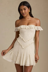 Off-Shoulder Lace A-Line Mini Dress in Ivory