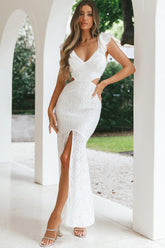 Pearl Ruffle Shoulder Lace Maxi Dress White