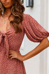 Portia Tied Bust Puff Sleeve Dress Floral Print Rust