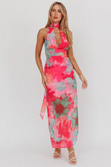 Cipriana Backless Halter Maxi Dress Floral Fuchsia
