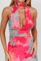 Cipriana Backless Halter Maxi Dress Floral Fuchsia