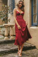 Lake Como Fitted Bodice Cami Strap Midi Dress Cherry