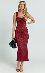 Collette Midi Dress Ruched Bust Wide Strap Detail Lace Midi Dress in Wine