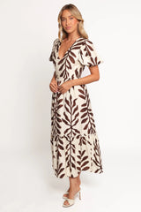 Steele Puff Sleeve Midi Dress - Brown Palm
