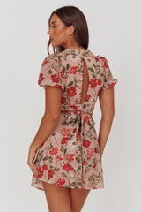 Dillon Twist Bust Mini Dress Floral Beige