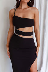 Raye Cut-Out Waist Rhinestone Midi Dress Black