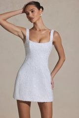 Embellished Structured A-Line Mini Dress in White