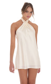 Satin Cross Halter Dress in Cream