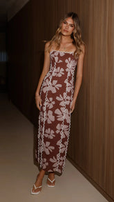 Carlia Midi Dress - Brown Daylillies