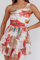 Raelene One-Shoulder Ruffle Romper Floral Red