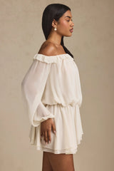 Off-Shoulder Asymmetric Balloon-Sleeve Mini Dress in Ivory