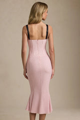Layered Bra-Detail Fishtail Midaxi Dress in Pink Polka Dot