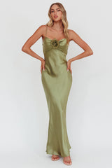High Roller Cowl Back Rosette Maxi Dress Olive