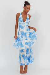 Veda Strappy Back Ruffle Maxi Dress Roses Blue