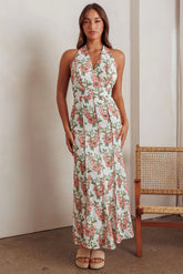 Love Bomb Pintuck Pleat Halterneck Maxi Dress Floral Pink