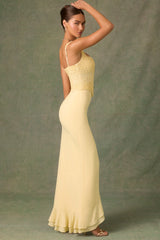 Embellished Ruffle-Trim Corset Gown in Yellow