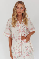 Catherina Ric-Rac Trim Button-Up Shirt Floral Pink