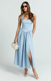 Helda Midi Dress Halter Tie Neck Corset Panel Dress in Soft Blue