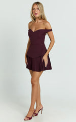 Izara Mini Dress Off Shoulder Pleated Dress in Wine