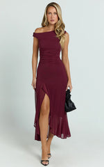 Judee Midi Dress One Shoulder High Side Split Dress in Wine
