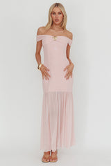 Wilma Off-Shoulder Sheer Hem Maxi Dress Pink