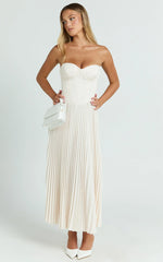 Loretta Midi Dress Lace Up Back Bustier Pleated Dress in Cream