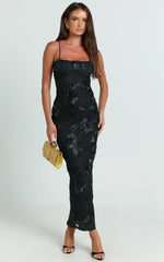 Mina Midi Dress Embroidered Mesh Dress in Black