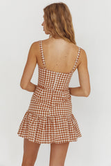 Rachelle Tied Bust Ruched Mini Dress Spotted Tan Check