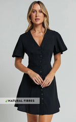 Sahar Mini Dress Flutter Sleeve Button Through Dress in Black