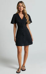 Sahar Mini Dress Flutter Sleeve Button Through Dress in Black